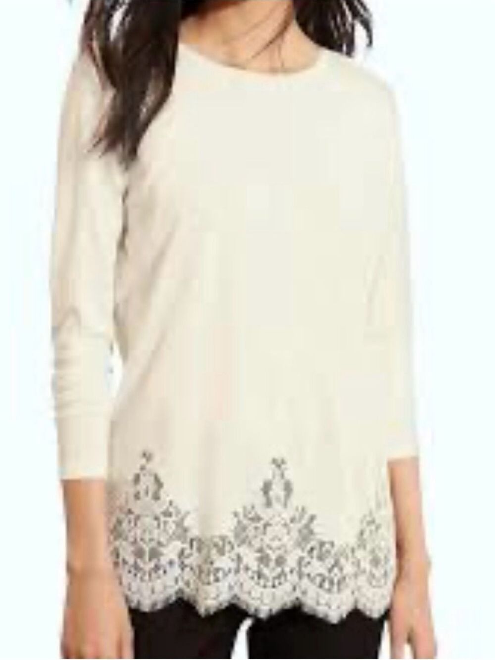 Lauren Ralph Lauren Cream Long Sleeve Lace-Hem Top Cottagecore size Medium
